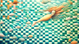 A surreal underwater scene with a mermaid-like figure swimming amidst a checkered pattern background, with a fish and other aquatic, painting by René Magritte and Georgia o'Keeffe, soft pastel colors, #pixelart resolution, watercolor granular detail, hypermaximalist, 8K