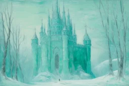 A mint colored ice castle in a snowstorm painted by Claude Monet