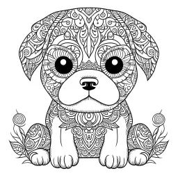 baby dog, cute animals, mandala, full view, realistic, coloring page, only draw lines, coloring book, clean line art, –no sketch, color, –ar 3:4, white background, minimalistic black lines, minimal black color, low level black colors, coloring page, avoid thick black colors, thin black line art, avoid colors, perfect shape, perfect clear lines,