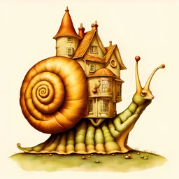 Snail with a fanciful house on its back, anatomically correct, flawless, full body shot by Beatrix Potter, by Eric Kincaid, by Daniel Merriam