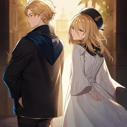 anime couple, couple is standing back to back, female, white dress, blonde hair, male black coat, male hat, male dark brown hair