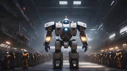 Space, Factory, High detailed, Mechanic, less lights, Realistic details, mecha robots, Sharp, engineers Engineering, hangar, Crowd, Fixing repairing