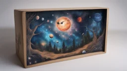 a box 10 cm long by 5 cm wide and 25 cm high, drawn on a box on all sides, space, tress, planets, butterfly nebula, crow, realistic