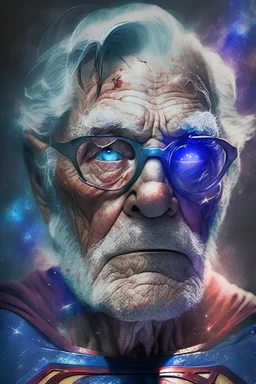 an old man with big gray eyes waring superman custom flaying in galaxy background