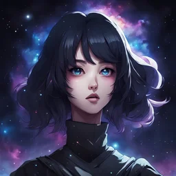Create a dark-themed, old-school anime-style portrait featuring a character with a galaxy-inspired form instead of traditional facial features