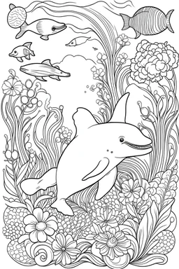 outline art with pencil sketch art for {A cute, smiling dolphin holding the letter 'D' with a joyful dolphin calf leaping through ocean waves, surrounded by underwater coral reefs and tropical fish} with floral background pencil sketch style,full body only use outline with black and white outline and make a floral backgound with black and white background