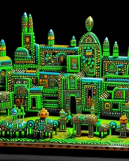A green mechanical village with crystals designed in Navajo woven art painted by Keith Haring