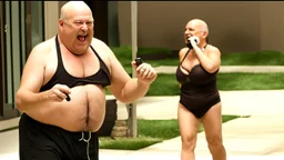 bald old fat guy in a halter top and panties yelling on the phone