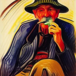 Portrait of OLd Fishermen wearing bucket hat and smoking wooden pipe by edvard munch 8k