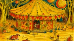 A golden yellow circus with jingle bells designed in Navajo baskets painted by Vincent van Gogh