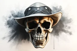front facing skull (angry, wearing a confederate hat), airbrush on white background'