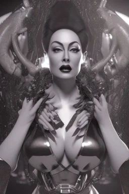 Joan Crawford as evil queen in black leather, busty, cleavage, dominatrix, curvy, angry, stern look. unreal 5, octane render, cinema4d, dynamic lighting, dramatic lighting, 4k, redshift render, highly detailed, hyper realistic,anthropomorphic black wolf long