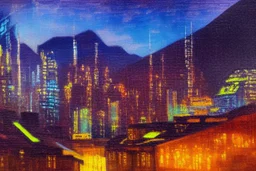 Night, cyberpunk buildings in the mountains, tendency to science fiction, impressionism painting