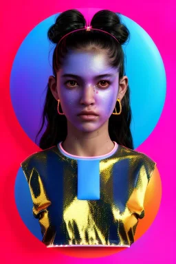 Ultra Realistic image, Rosalía artist, waist up portrait, black eye line, sweet angry face, geisha hair style, spray line make up, geometric, gold, big rings piercing, led ornament, bubble latex coat, cold, led lights, pop style, pink, blue, gold, vibrant color, highly detailed, art stations, concept art, smooth, unreal engine 5, god rays, ray tracing, RTX, lumen lighting, ultra detail, volumetric lighting, 3d, finely drawn, high definition, high resolution.