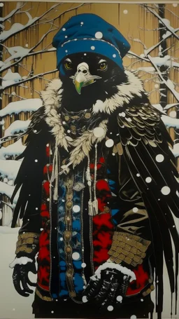 A contemporary serigraphy portrait by Kunisada of a crow adorned in a punk leather jacket within a snowy Christmas atmosphere.