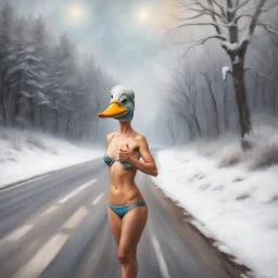 A woman in a bikini with a mallard duck head mask hitchhiking on side of road with a thumb out, matte oil painting, beautiful composition, snow covered country landscape, long shot, dramatic,