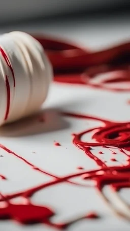 blonde hair strands on white fabric with measuring tape and drops of blood.cinematic