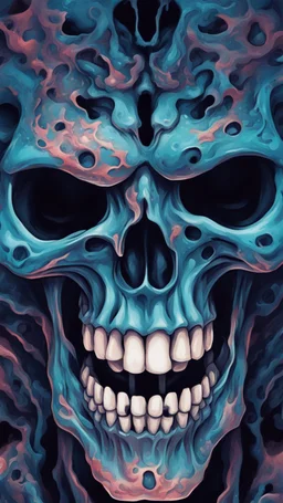 a close up of a person with a skull on their head, blue and black colors, anime skull portrait man, scary detailed art in color, hiroyuki-mitsume takahashi, nychos art aesthetic, half man half skeleton, anime cyberpunk art, colored manga art, rossdraws pastel vibrant, hot colors. insanely detailed, beautiful anime portrait, stunning anime face portrait, scary art in color