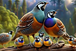 stunningly detailed 3D render illustration of a California quail family, with the male and female quail displaying exquisite, intricate plumage as they tenderly guide their young. They stroll gracefully near an ancient log, surrounded by a lush forest edge and a breathtaking sky filled with vibrant, dramatic clouds. The artwork masterfully captures the essence of nature, reminiscent of renowned artists such as Robert Bateman, Carl Brenders, Flo'n Images, and Nancy Kaestner Hendry. Cinematic typo