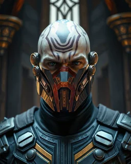 heavily scarred head bald male corellian jedi wearing gunmetal grey and black old republic armored flightsuit and breath mask with gold and metallic red trim inside the jedi temple, centered head and shoulders portrait, hyperdetailed, dynamic lighting, hyperdetailed background, 8k resolution, volumetric lighting, light skin, fully symmetric details