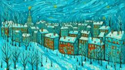 A cyan city in winter season with falling snowflakes painted by Vincent van Gogh
