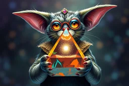 airbrush with pen outline, gremlin cat pimp holding a big reflective prismatic pyramid with orb containing plasma in the style of Escher , bokeh like f/0.8, tilt-shift lens 8k, high detail, smooth render, down-light, unreal engine, prize winning