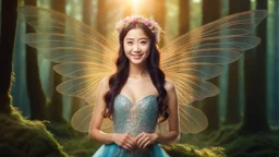 A gorgeous smiling Asian model in a fairy outfit with great glittering wings in a magic forest with 1000 y/o trees, a small torrent, loads of mini flowers, moss, sun rays through the branches, particles in the air at dawn