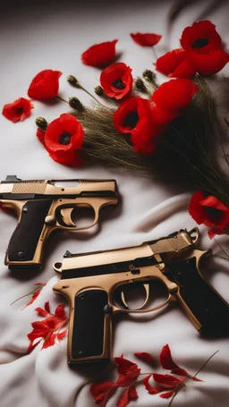 Two gold pistols and a red notebook on a white scarf. A bed of red poppies. Close-up from above.cinematic.dark mood