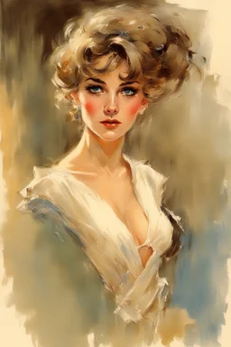 pretty french female,royo,1960s, splash art,