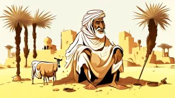 Old man, Arab, turban, white clothes, cattle, desert, council, sun, palm trees, mud houses, holding a stick, looking forward, a very slight smile.cartoon,Sitting on a chair,long beard,Mouth slightly open