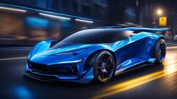 electric-concept car, electric blue paint, shining, on street, tooned style, big wheels, racing mode, darknight background. 3/4 view, high resolution picture, honda influence