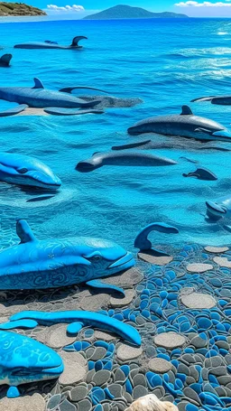 A blue beach with dolphins and whales designed in ancient Greek mosaics