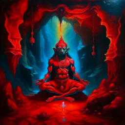 An oil painting of hindu god YAMA in a cave, neon red colors, high detail