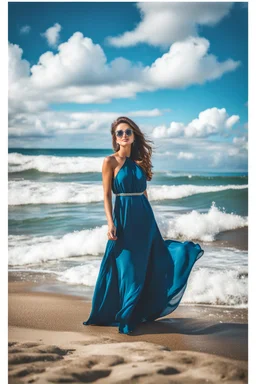 young lady wearing beautiful maxi blue dress standing in beach posing to camera ,ships in sea ,blue sky nice clouds