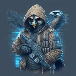 A falcon as a military hacker using a hoodie, carring hacker gadgets with a Sig pistol in hands