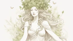 Fantasy digital illustration: a goddess of nature. Her body is covered in lush flora and trees; clusters of flowers adorn her grassy hair similar to a headdress. Her entire body appears to be made of the land itself, with a flowing "dress" made of plants and flora.