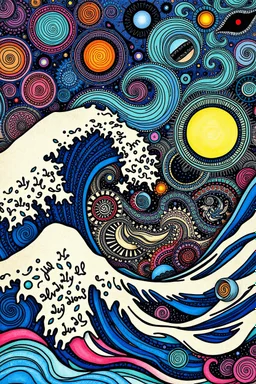 random color Zentangle patterns in the style of japanese art and Ukiyo-e mixed with the style of Van Gough with cosmic swirls, planets and ocean waves