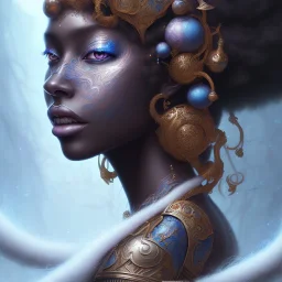 sango fantasy, fantasy magic, intricate, sharp focus, illustration, highly detailed, digital painting, concept art, matte, masterpiece head sexy view black African beauty black afro hair space lady blue carp skin African space night