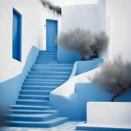 Minimalist abstract cyanotype photo of stairs outside a Greek house