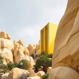 Un'immagine di un paesaggio naturale simile a una pineta mediterranea, con rocce gialle pastello, imponenti, accanto a strutture artificiali verticali gialle. Persona osserva. Queste strutture sembrano blocchi rettangolari riflettenti, come colonne di vetro o specchio, che creano un contrasto tra il naturale e l'artificiale. Edificio brutalista si erge solitario. Venature e solchi. La scena trasmette un senso di dialogo tra elementi organici. Dettagli delle rocce molto accentuati. Alberi