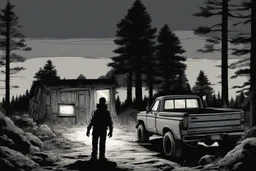 pickup truck, rear, forest, standing, silhouette, comic book,post-apocalypse, gray background, night time,
