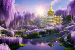 a magical crystal flower wisteria pink gold house palace in the woods, blue lake,sun,white swanns,pink vertical, blue lake,sharp, vines, candlelit, endor, ornate, elegant, highly detailed, artstation, concept art, smooth, sharp focus, illustration, 8k, splash art, wallpaper, key visual