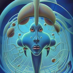 French surrealism animation art from 1970s, illustration of large blue alienoid creatures, mesmerizing, hallucinogenic tones, strange, creepy cutout style of animation of phantamosgoric giant blue alien with red eyes, Czech animation tradition, art by Roland Toper, Dali-esc environment, trance-like, Fantastic Planet aliens