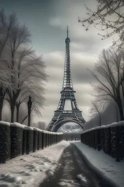 cinematic photo of the Eiffel Tower in snowy Paris