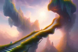 mythical mystical long stairway up to heaven in the sky, beautiful colours, fine art, trending on artstation, water