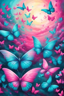 vibrant psychedelic oil painting image, airbrush, 64k, cartoon art image of background TEAL and PINK BUTTERFLIES , futurism style