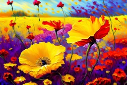 Gorgeous poppy field full of wild poppies, yellow, red and purple Realistic, beautiful in the style of Monet