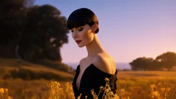 low-level full body shot of Louise Brooks looking down at the camera with a warm-toned fantasy landscape behind her