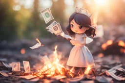 paper money stacks, cute chibi brunette princess desperately throwing a pile of paper money onto a burning bonfire with a pitchfork in sunshine, ethereal, cinematic postprocessing, bokeh, dof