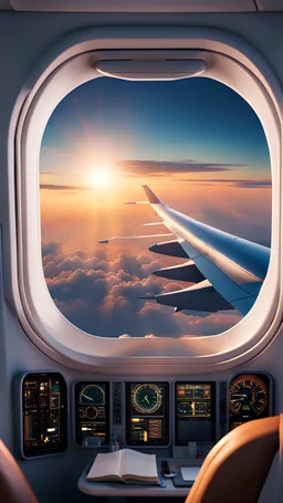 inside a plan looking by the aircraft window, best quality, digital painting, 4k, sharp focus, intricate texture, skin imperfections, blank background. , interactive novel style,bokeh, professional photography, Your Name, highly detailed, clear lighting,